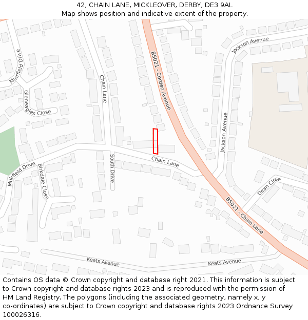 42, CHAIN LANE, MICKLEOVER, DERBY, DE3 9AL: Location map and indicative extent of plot