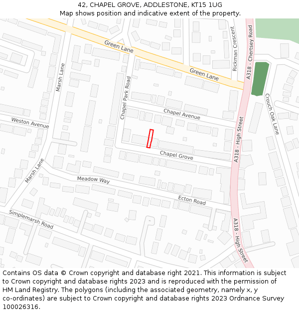 42, CHAPEL GROVE, ADDLESTONE, KT15 1UG: Location map and indicative extent of plot