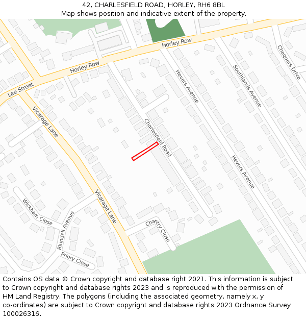 42, CHARLESFIELD ROAD, HORLEY, RH6 8BL: Location map and indicative extent of plot