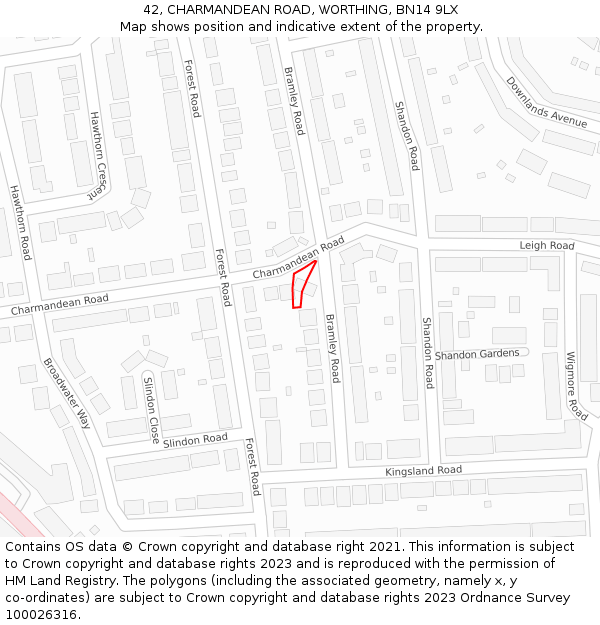 42, CHARMANDEAN ROAD, WORTHING, BN14 9LX: Location map and indicative extent of plot