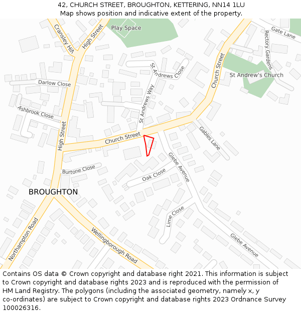 42, CHURCH STREET, BROUGHTON, KETTERING, NN14 1LU: Location map and indicative extent of plot