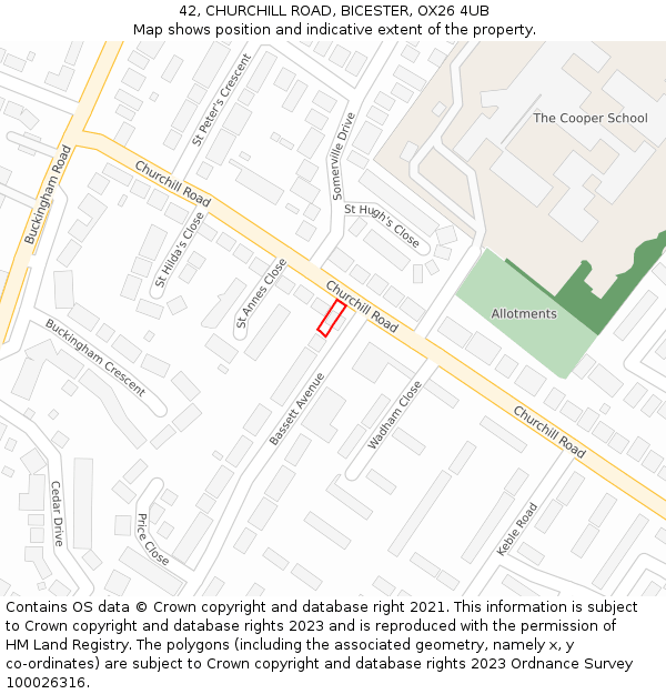 42, CHURCHILL ROAD, BICESTER, OX26 4UB: Location map and indicative extent of plot