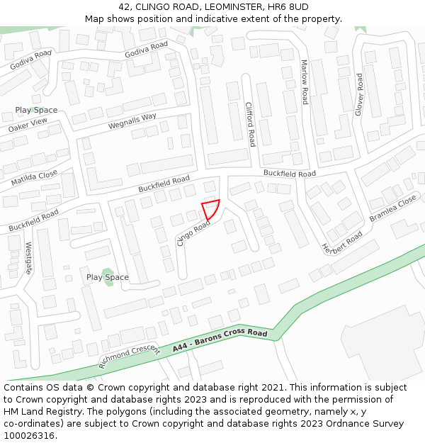 42, CLINGO ROAD, LEOMINSTER, HR6 8UD: Location map and indicative extent of plot