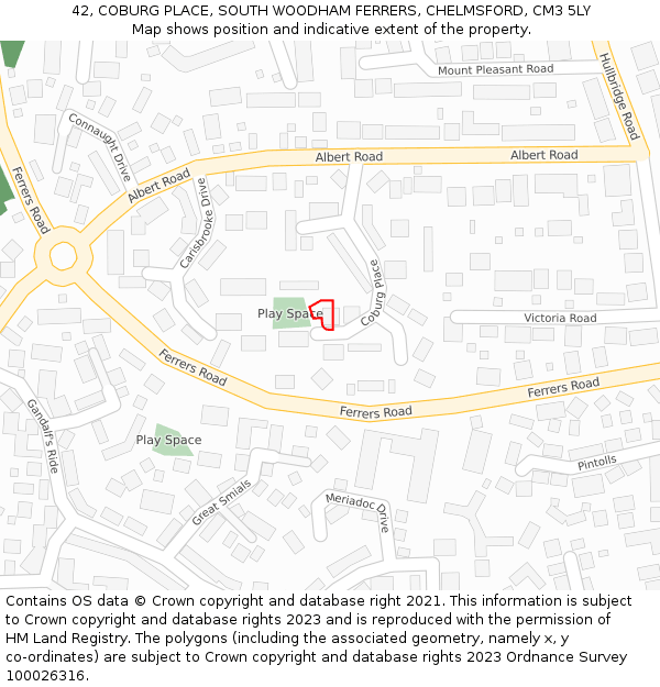 42, COBURG PLACE, SOUTH WOODHAM FERRERS, CHELMSFORD, CM3 5LY: Location map and indicative extent of plot