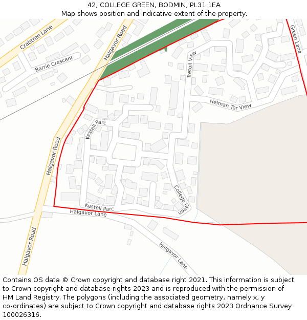 42, COLLEGE GREEN, BODMIN, PL31 1EA: Location map and indicative extent of plot