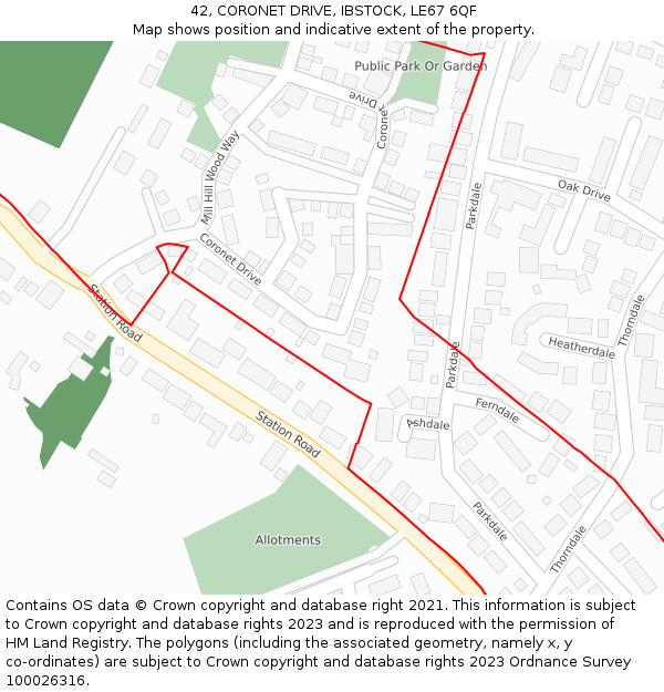 42, CORONET DRIVE, IBSTOCK, LE67 6QF: Location map and indicative extent of plot