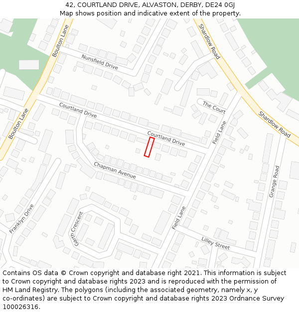 42, COURTLAND DRIVE, ALVASTON, DERBY, DE24 0GJ: Location map and indicative extent of plot