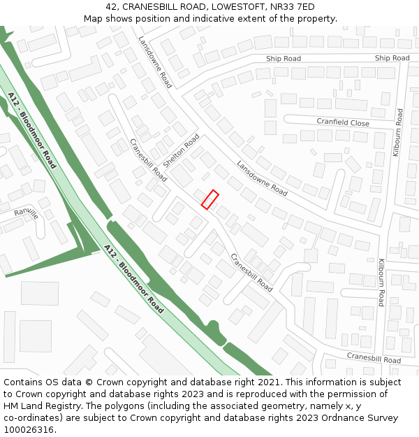 42, CRANESBILL ROAD, LOWESTOFT, NR33 7ED: Location map and indicative extent of plot
