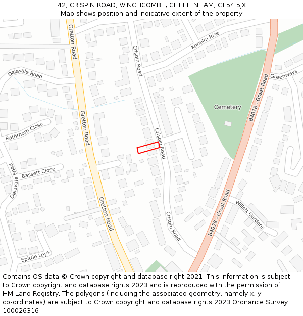 42, CRISPIN ROAD, WINCHCOMBE, CHELTENHAM, GL54 5JX: Location map and indicative extent of plot