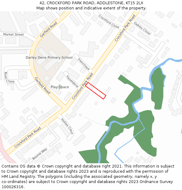 42, CROCKFORD PARK ROAD, ADDLESTONE, KT15 2LX: Location map and indicative extent of plot