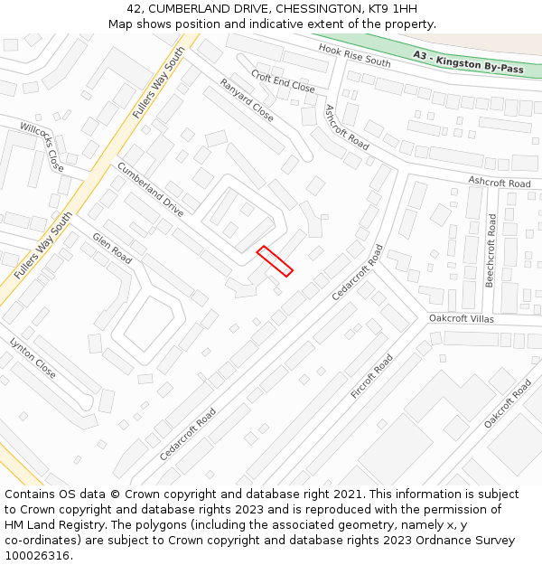 42, CUMBERLAND DRIVE, CHESSINGTON, KT9 1HH: Location map and indicative extent of plot