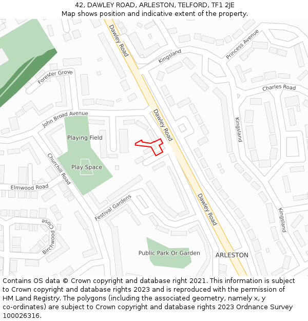 42, DAWLEY ROAD, ARLESTON, TELFORD, TF1 2JE: Location map and indicative extent of plot