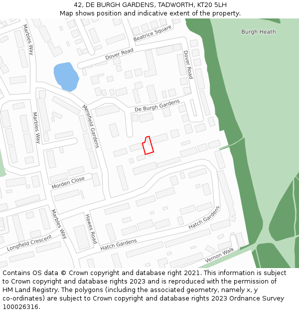 42, DE BURGH GARDENS, TADWORTH, KT20 5LH: Location map and indicative extent of plot