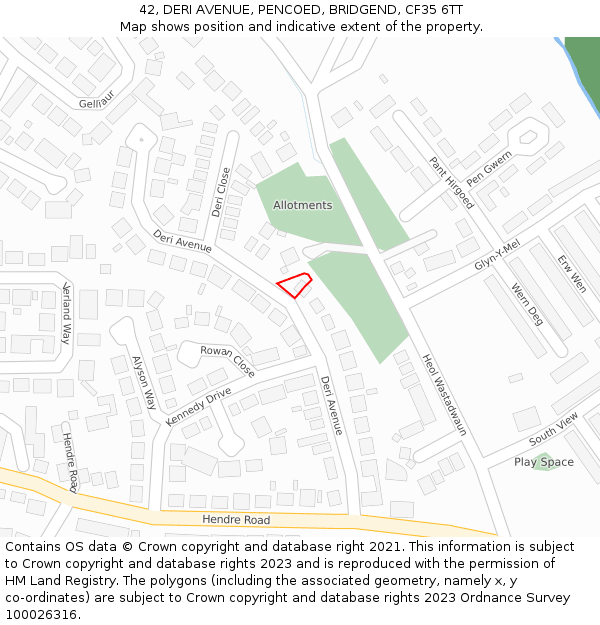 42, DERI AVENUE, PENCOED, BRIDGEND, CF35 6TT: Location map and indicative extent of plot