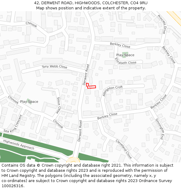 42, DERWENT ROAD, HIGHWOODS, COLCHESTER, CO4 9RU: Location map and indicative extent of plot