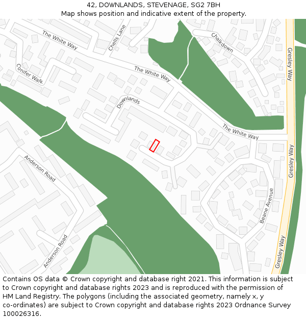42, DOWNLANDS, STEVENAGE, SG2 7BH: Location map and indicative extent of plot