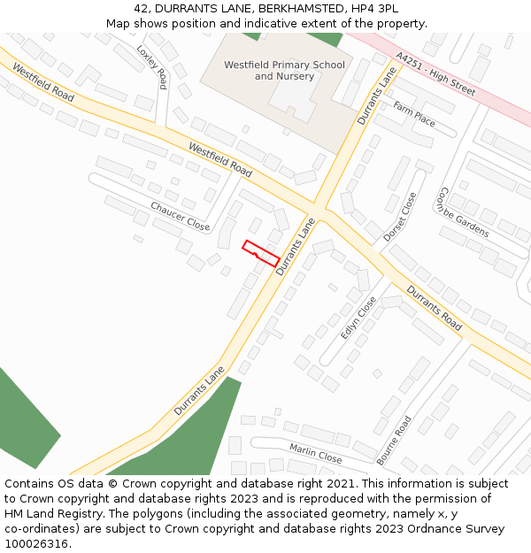 42, DURRANTS LANE, BERKHAMSTED, HP4 3PL: Location map and indicative extent of plot