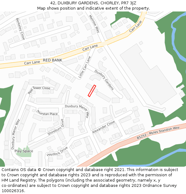 42, DUXBURY GARDENS, CHORLEY, PR7 3JZ: Location map and indicative extent of plot