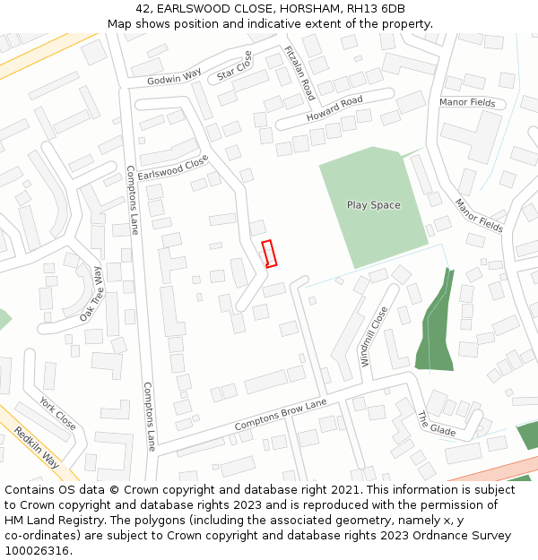 42, EARLSWOOD CLOSE, HORSHAM, RH13 6DB: Location map and indicative extent of plot