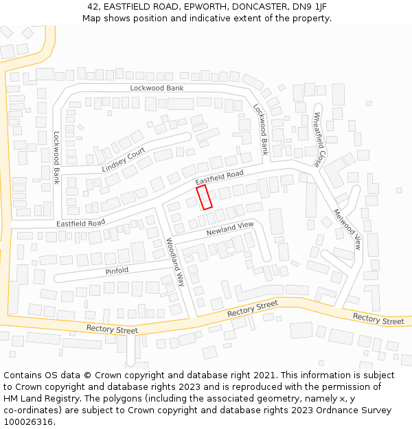 42, EASTFIELD ROAD, EPWORTH, DONCASTER, DN9 1JF: Location map and indicative extent of plot