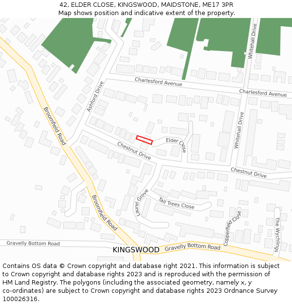 42, ELDER CLOSE, KINGSWOOD, MAIDSTONE, ME17 3PR: Location map and indicative extent of plot