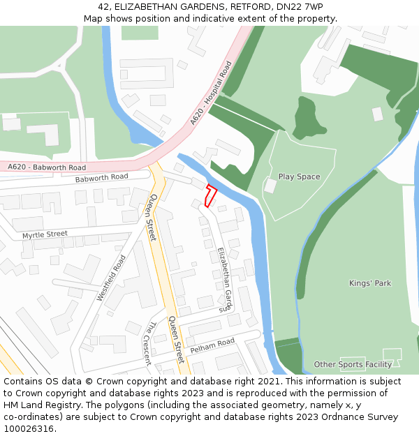 42, ELIZABETHAN GARDENS, RETFORD, DN22 7WP: Location map and indicative extent of plot