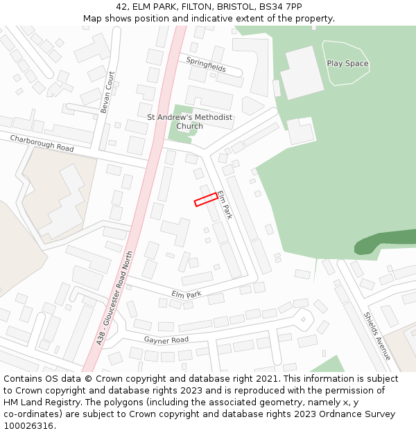 42, ELM PARK, FILTON, BRISTOL, BS34 7PP: Location map and indicative extent of plot