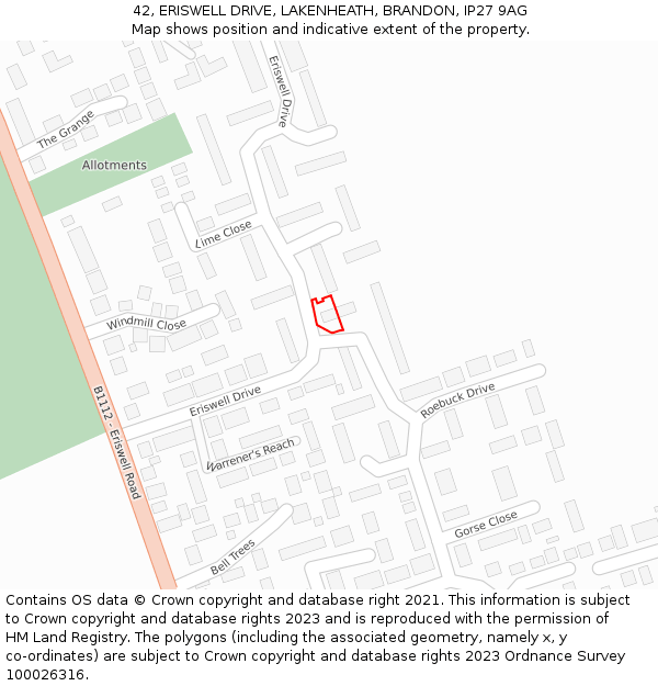 42, ERISWELL DRIVE, LAKENHEATH, BRANDON, IP27 9AG: Location map and indicative extent of plot
