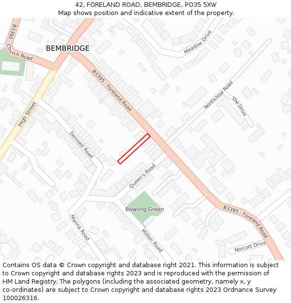 42, FORELAND ROAD, BEMBRIDGE, PO35 5XW: Location map and indicative extent of plot