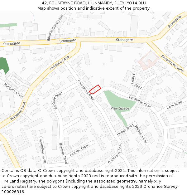 42, FOUNTAYNE ROAD, HUNMANBY, FILEY, YO14 0LU: Location map and indicative extent of plot