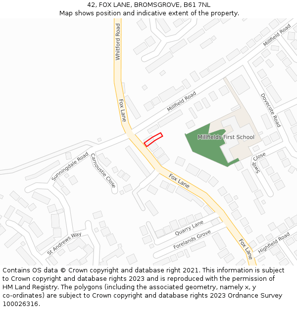 42, FOX LANE, BROMSGROVE, B61 7NL: Location map and indicative extent of plot