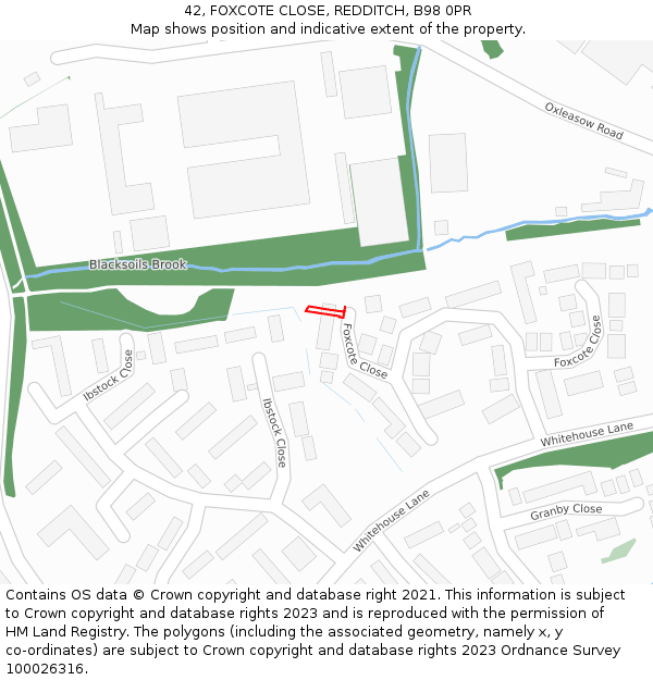 42, FOXCOTE CLOSE, REDDITCH, B98 0PR: Location map and indicative extent of plot