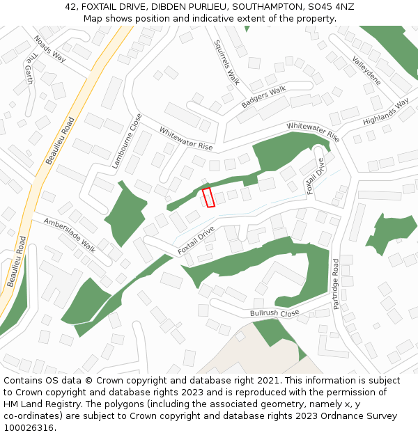 42, FOXTAIL DRIVE, DIBDEN PURLIEU, SOUTHAMPTON, SO45 4NZ: Location map and indicative extent of plot