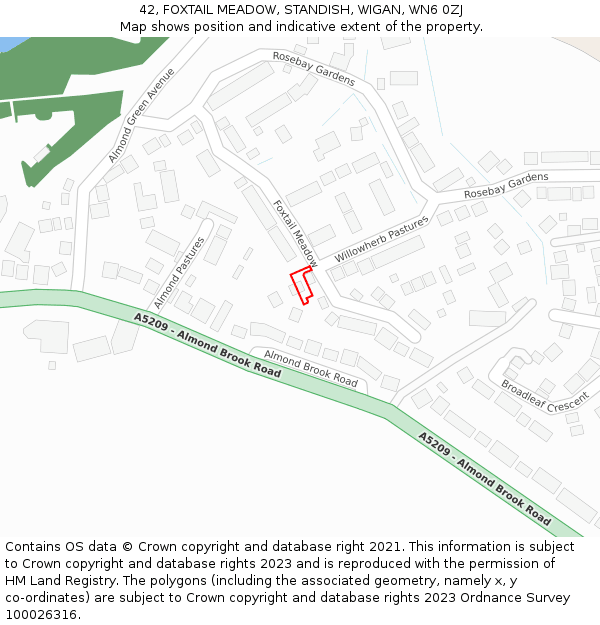 42, FOXTAIL MEADOW, STANDISH, WIGAN, WN6 0ZJ: Location map and indicative extent of plot