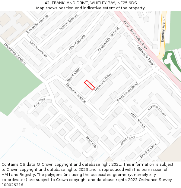 42, FRANKLAND DRIVE, WHITLEY BAY, NE25 9DS: Location map and indicative extent of plot
