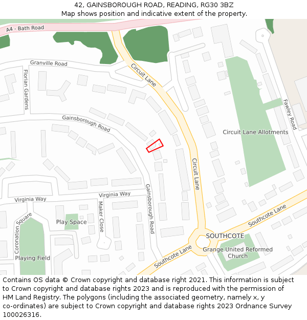 42, GAINSBOROUGH ROAD, READING, RG30 3BZ: Location map and indicative extent of plot