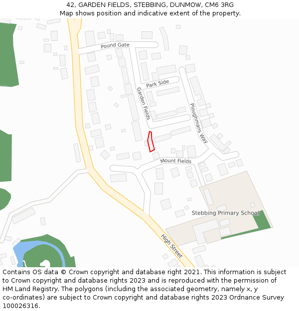 42, GARDEN FIELDS, STEBBING, DUNMOW, CM6 3RG: Location map and indicative extent of plot