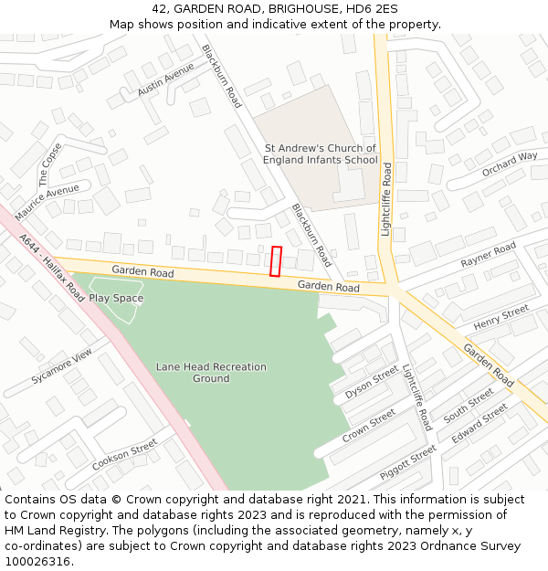 42, GARDEN ROAD, BRIGHOUSE, HD6 2ES: Location map and indicative extent of plot