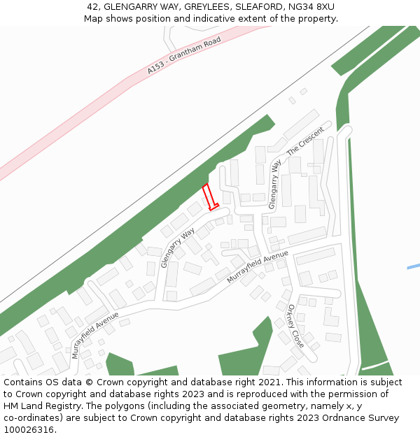 42, GLENGARRY WAY, GREYLEES, SLEAFORD, NG34 8XU: Location map and indicative extent of plot