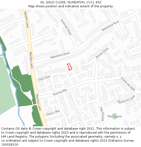 42, GOLD CLOSE, NUNEATON, CV11 4XZ: Location map and indicative extent of plot