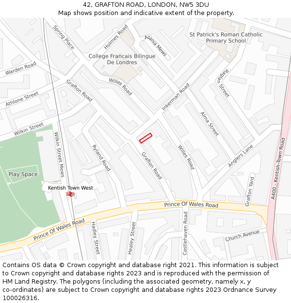 42, GRAFTON ROAD, LONDON, NW5 3DU: Location map and indicative extent of plot