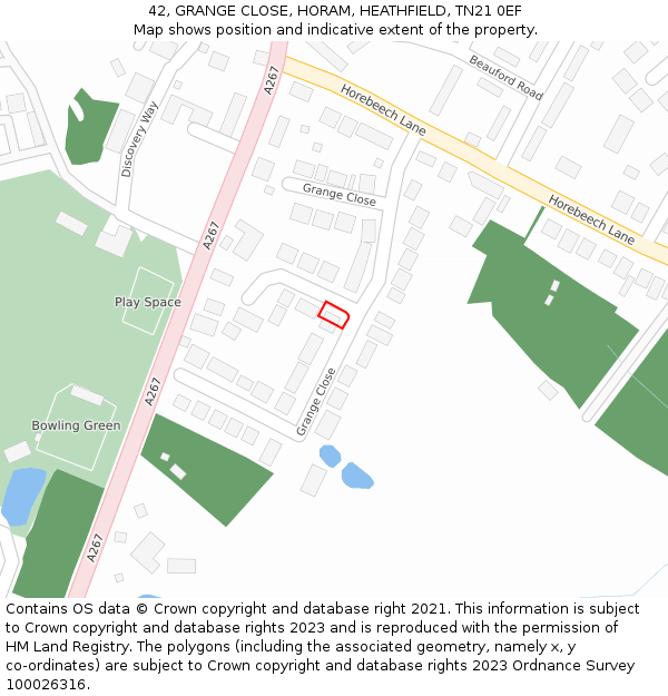 42, GRANGE CLOSE, HORAM, HEATHFIELD, TN21 0EF: Location map and indicative extent of plot