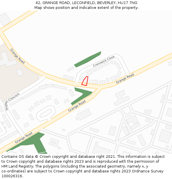 42, GRANGE ROAD, LECONFIELD, BEVERLEY, HU17 7NG: Location map and indicative extent of plot