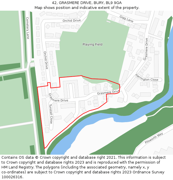 42, GRASMERE DRIVE, BURY, BL9 9GA: Location map and indicative extent of plot