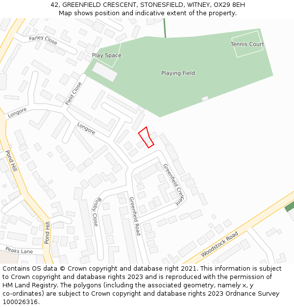 42, GREENFIELD CRESCENT, STONESFIELD, WITNEY, OX29 8EH: Location map and indicative extent of plot