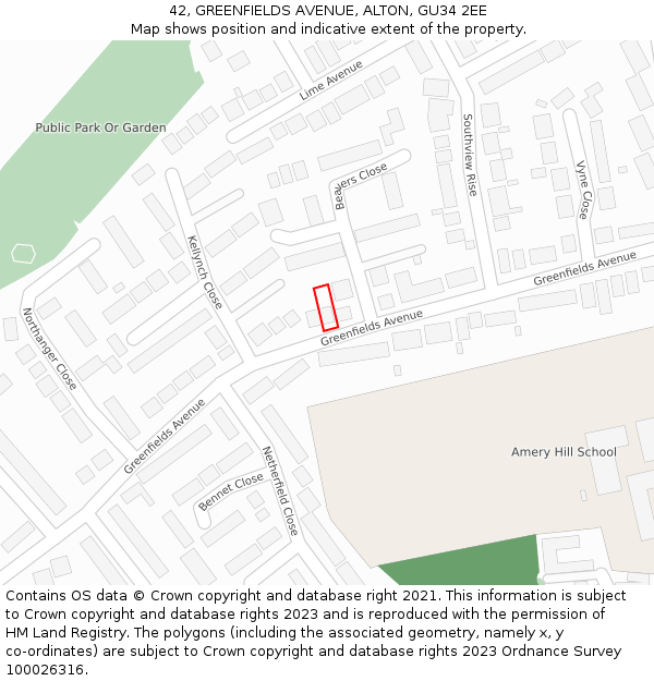 42, GREENFIELDS AVENUE, ALTON, GU34 2EE: Location map and indicative extent of plot