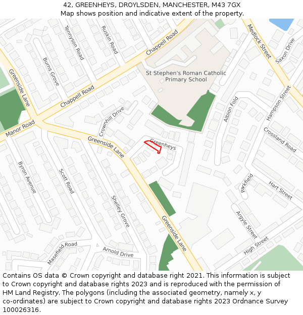 42, GREENHEYS, DROYLSDEN, MANCHESTER, M43 7GX: Location map and indicative extent of plot