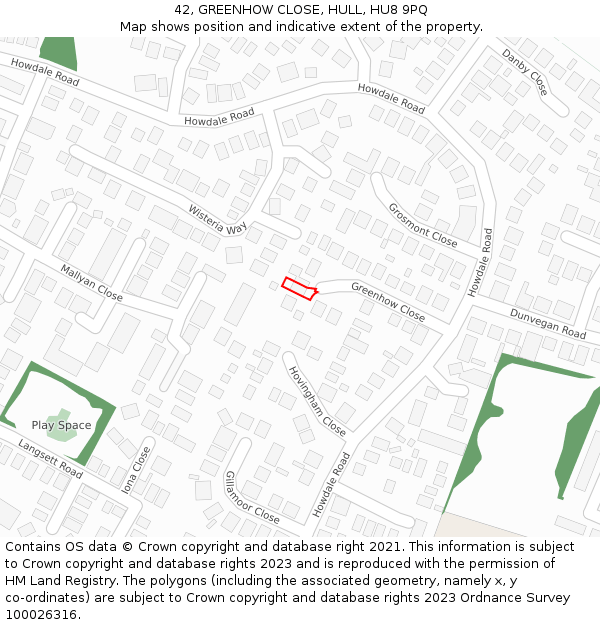 42, GREENHOW CLOSE, HULL, HU8 9PQ: Location map and indicative extent of plot
