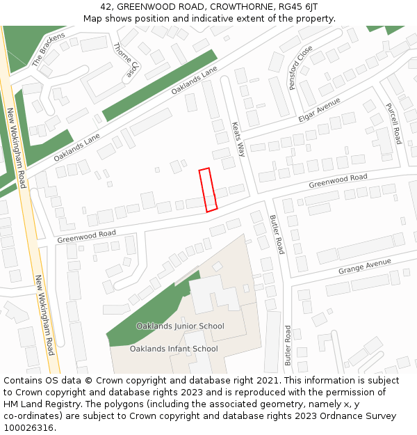 42, GREENWOOD ROAD, CROWTHORNE, RG45 6JT: Location map and indicative extent of plot