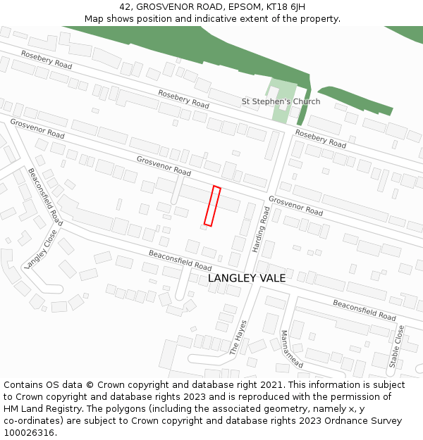 42, GROSVENOR ROAD, EPSOM, KT18 6JH: Location map and indicative extent of plot